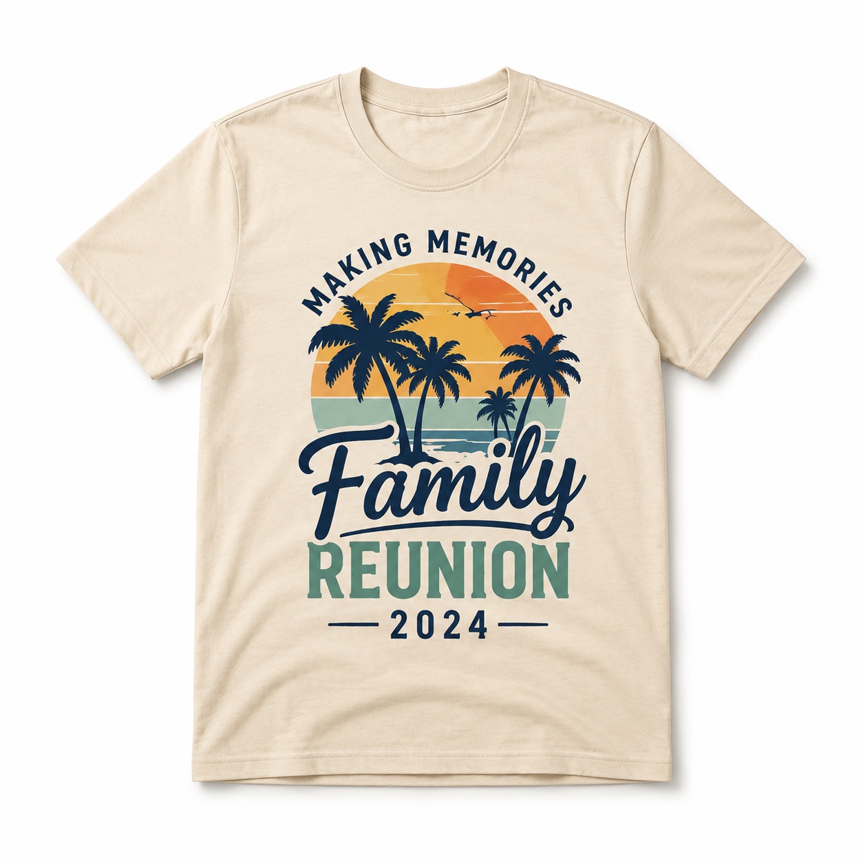 Navy family reunion custom T-shirt with gold tree design and white lettering.<br />
