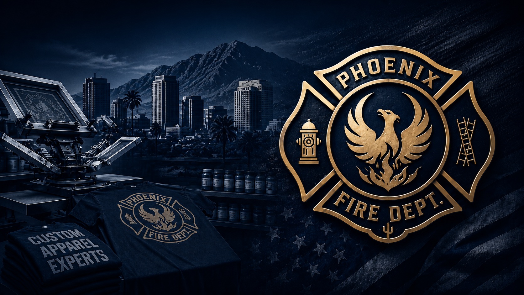 Dark navy Phoenix firefighter-inspired emblem with custom t-shirts and screen printing equipment in a print shop background.