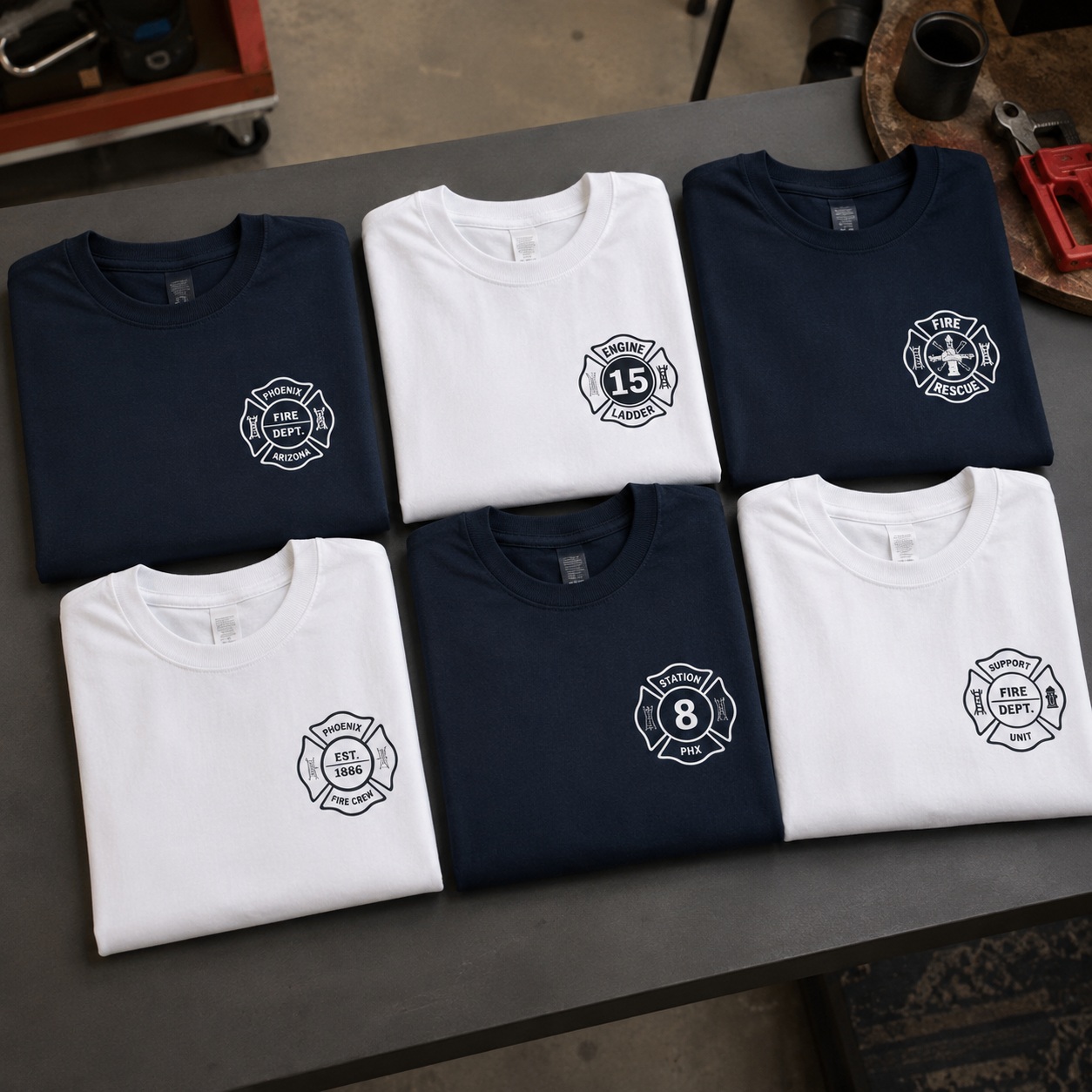 Folded navy and white fire department custom shirts displayed on a print shop table.<br />
