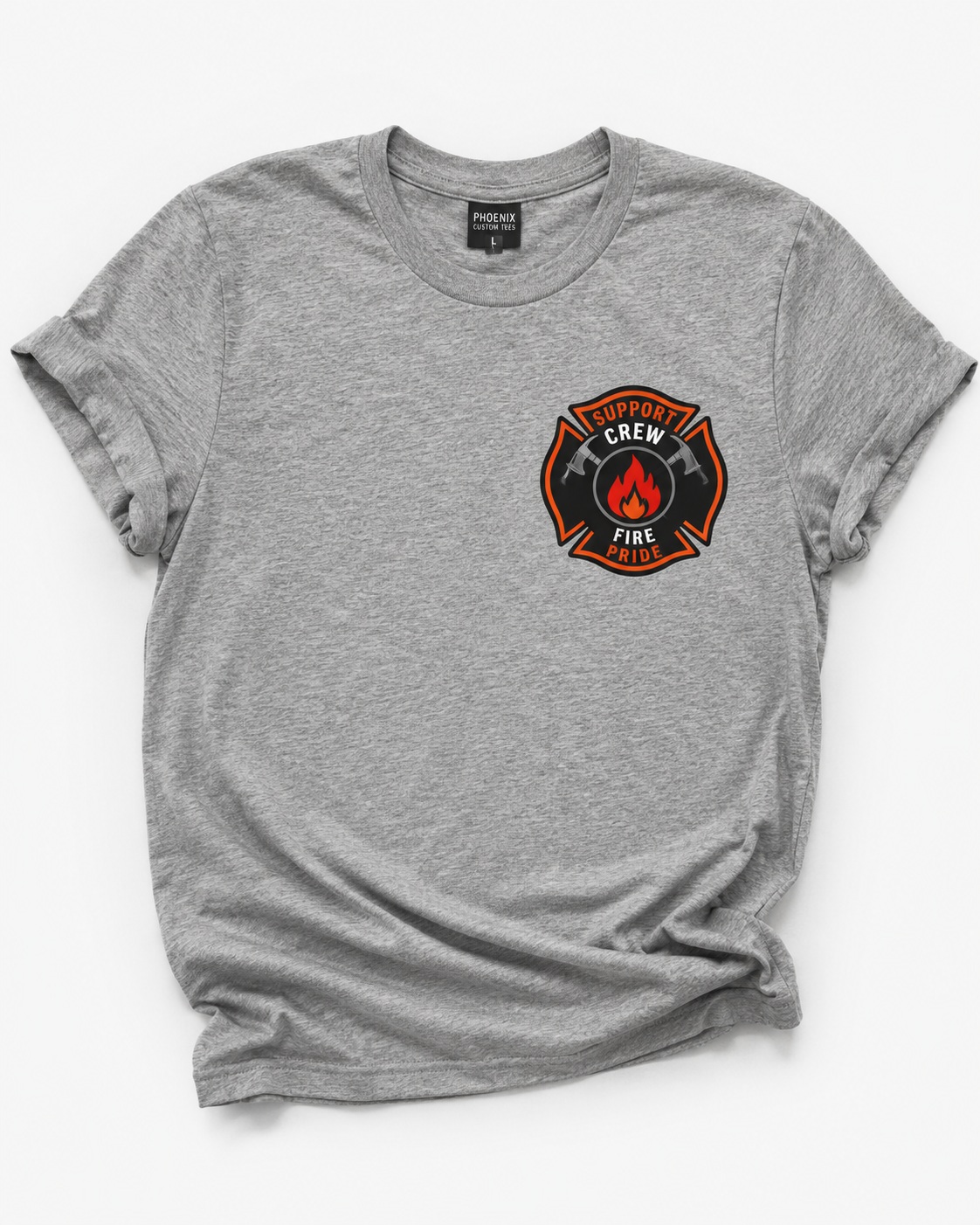 Gray firefighter support crew custom T-shirt with badge-style design on white background.<br />
