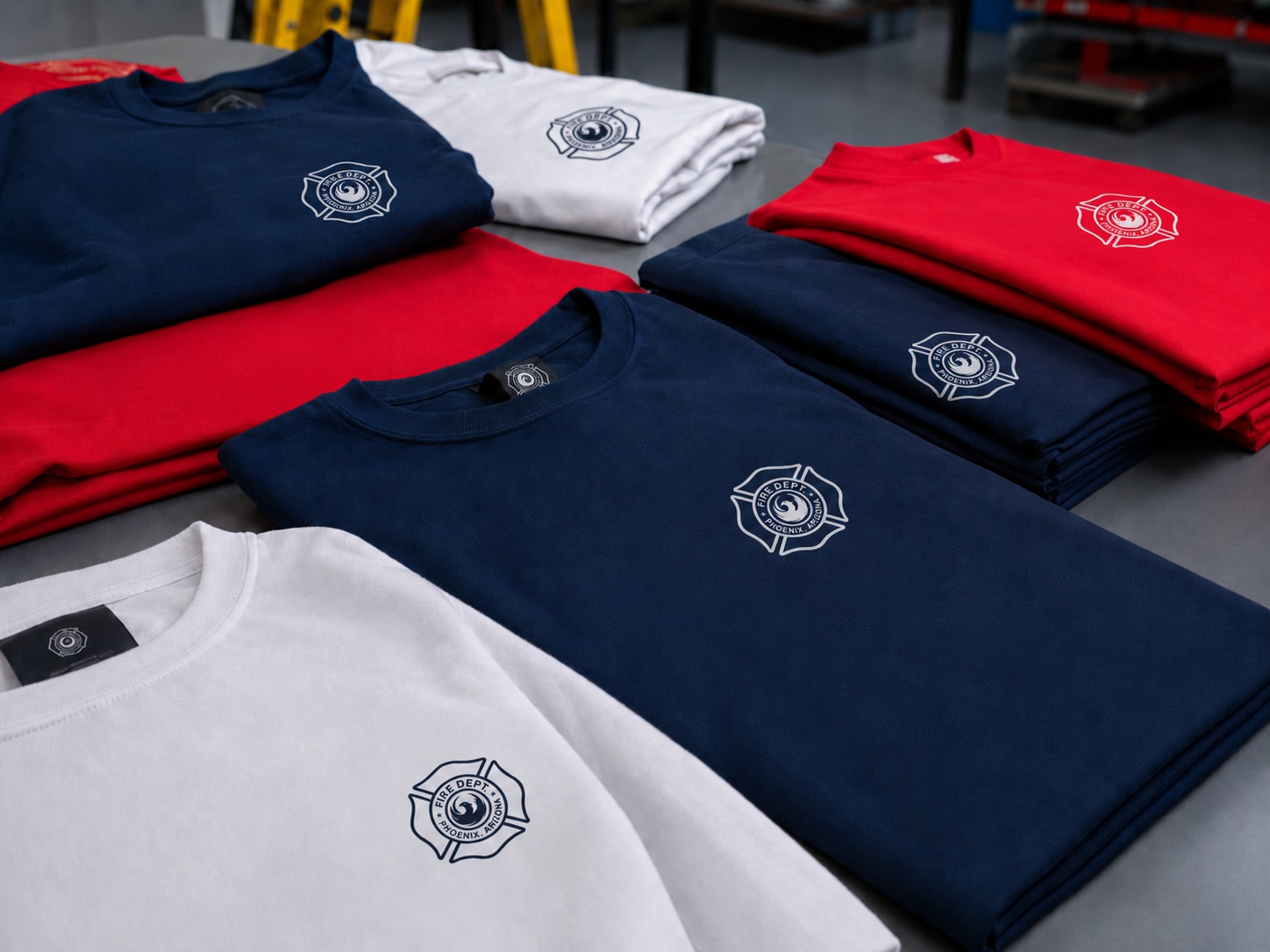 Folded Phoenix Fire Department custom t-shirts in navy, red, and white with small logo prints.