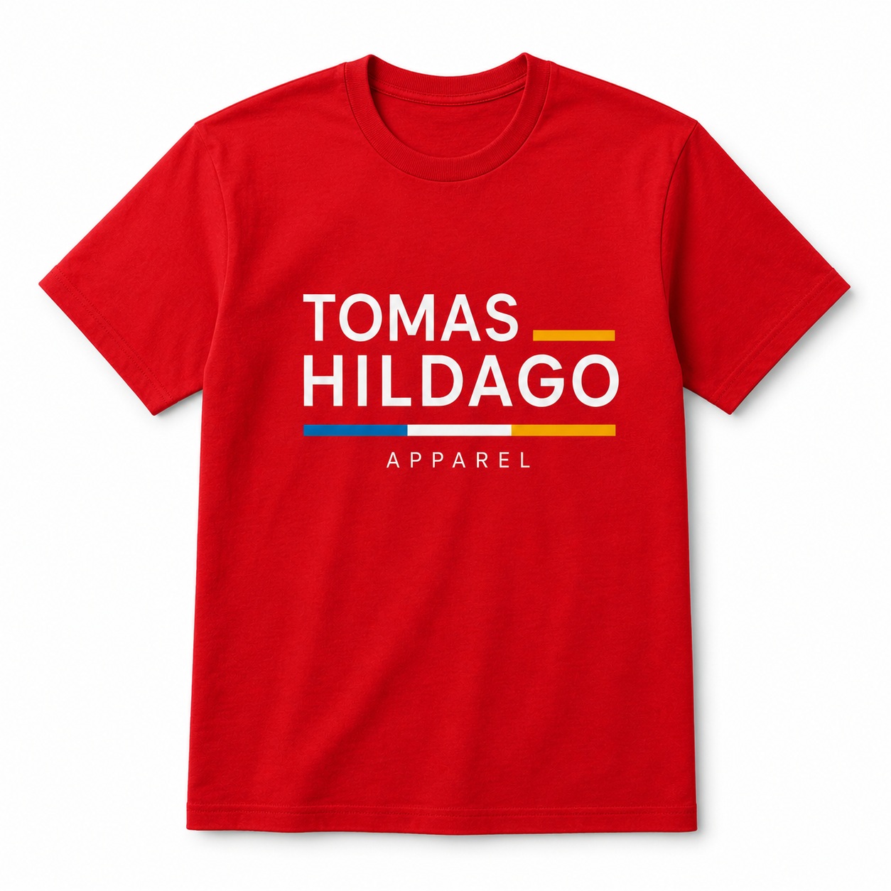 Red Tomas Hildago Apparel T-shirt with bold white logo and accent stripes.<br />
