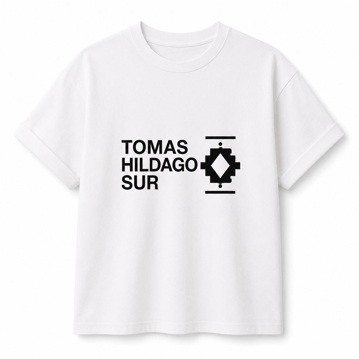 White Tomas Hildago Sur custom T-shirt with black minimalist graphic design.<br />
