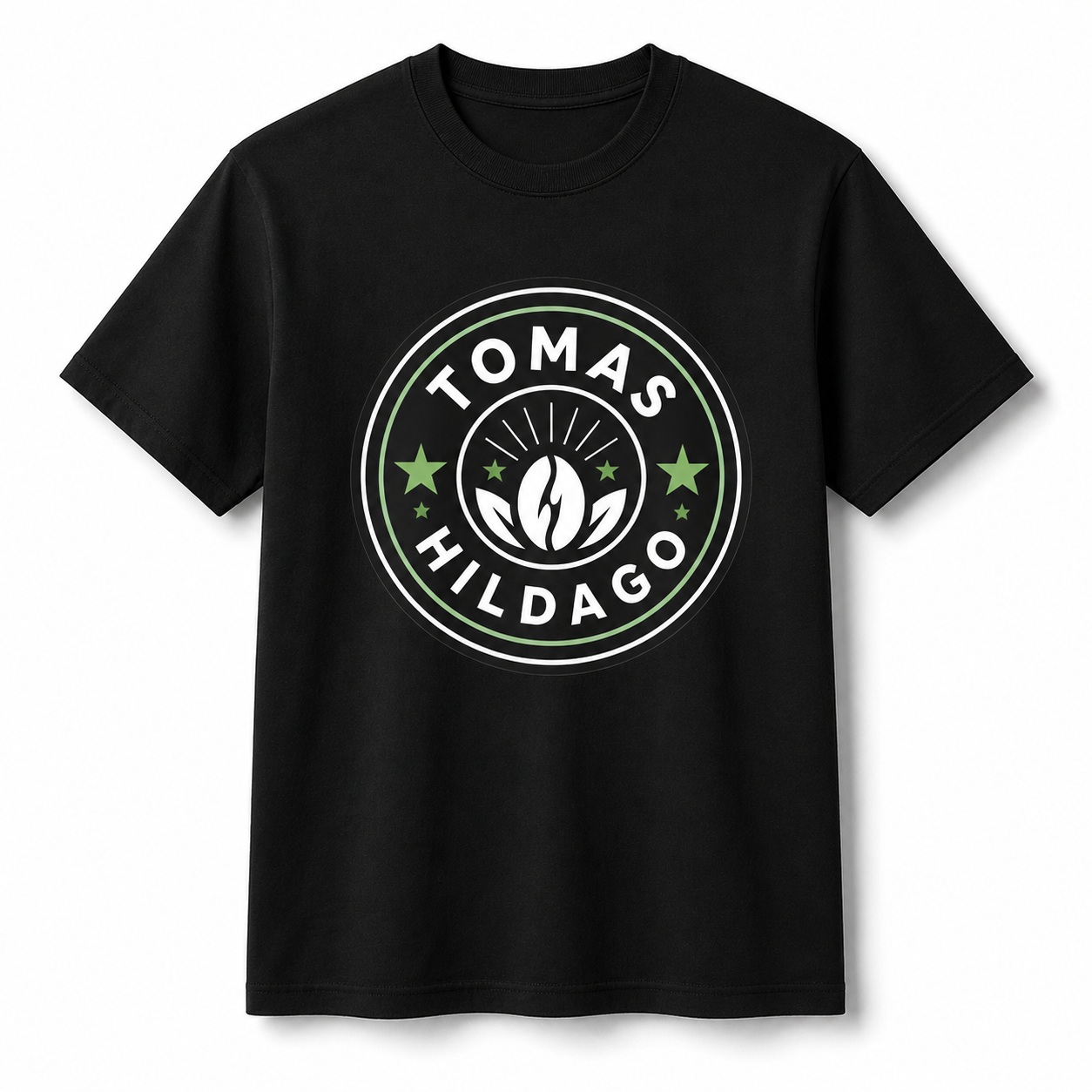 Black Tomas Hildago T-shirt with circular green and white emblem design.<br />
