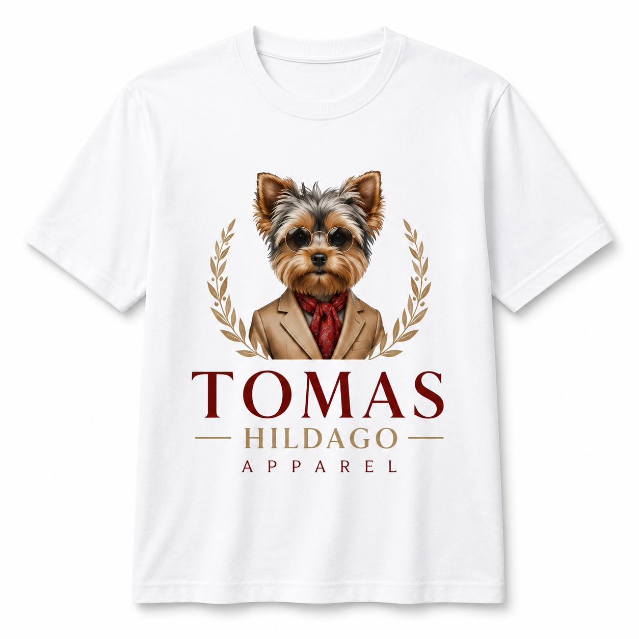 White Tomas Hildago Apparel T-shirt with a dressed dog graphic and laurel design.<br />
