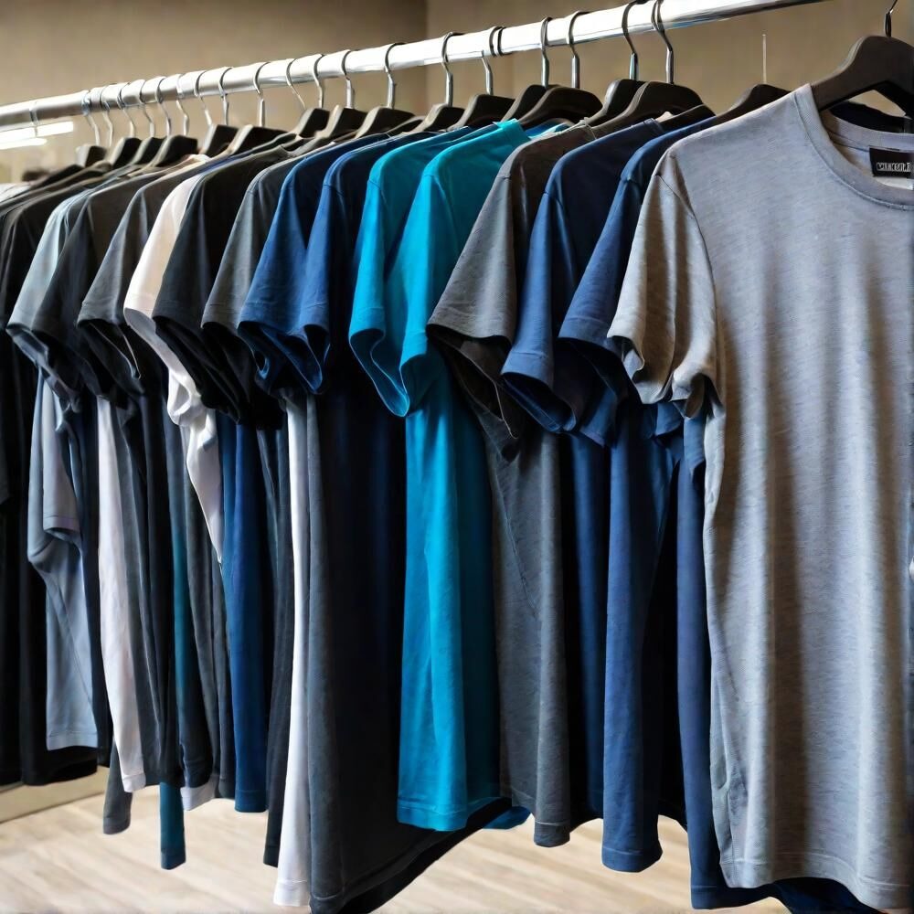 Custom apparel rack with shirts for the Phoenix Custom Tees contact page.