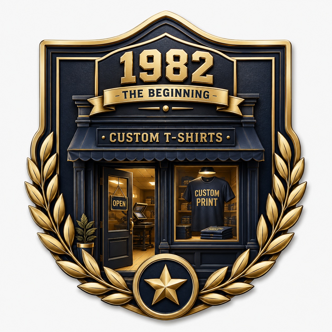 Phoenix Custom Tees 1982 beginning timeline emblem featuring the original custom T-shirt shop.
