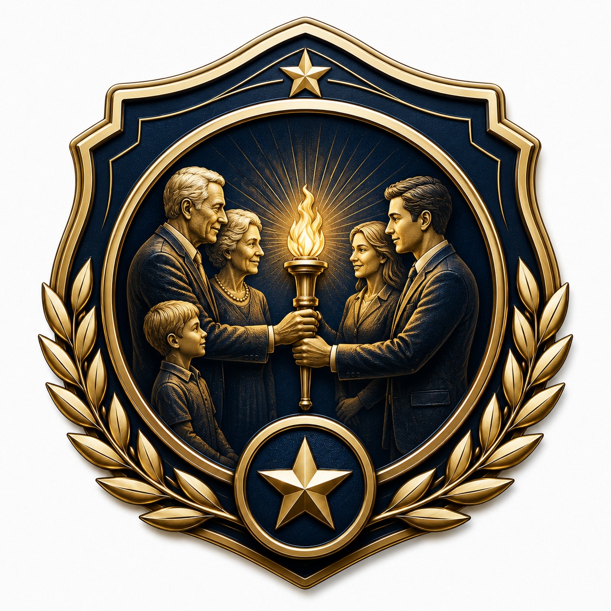 Torch handoff emblem representing a new generation joining Phoenix Custom Tees in 2000