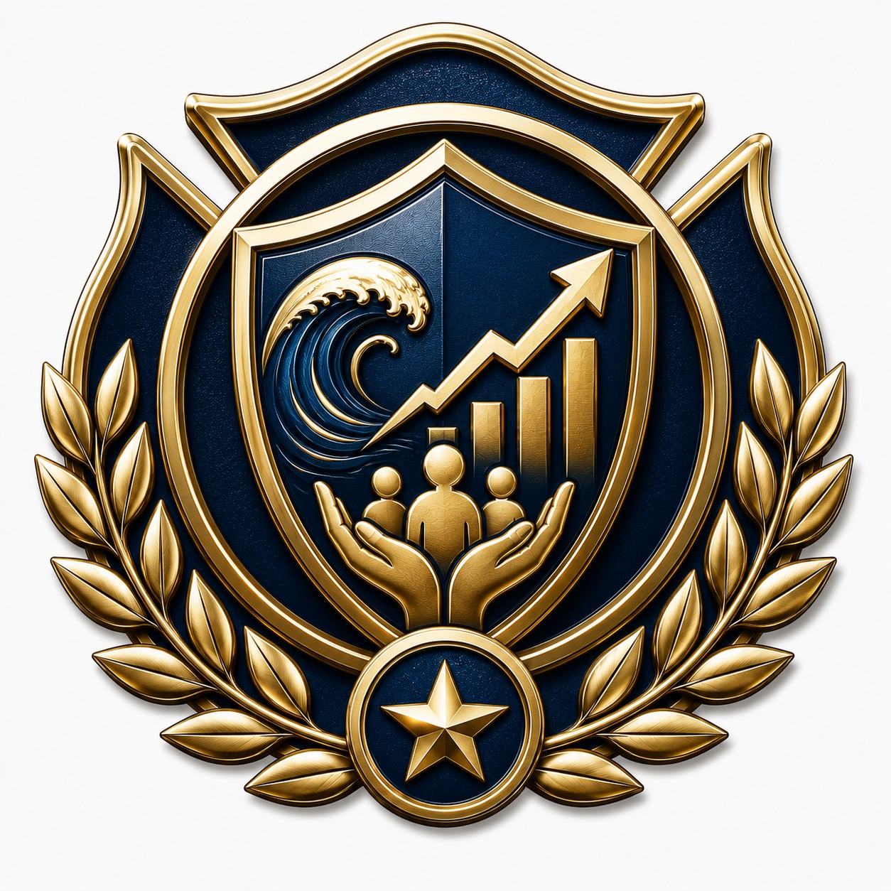 Navy and gold shield emblem representing strength, adaptation, and reliable custom apparel service