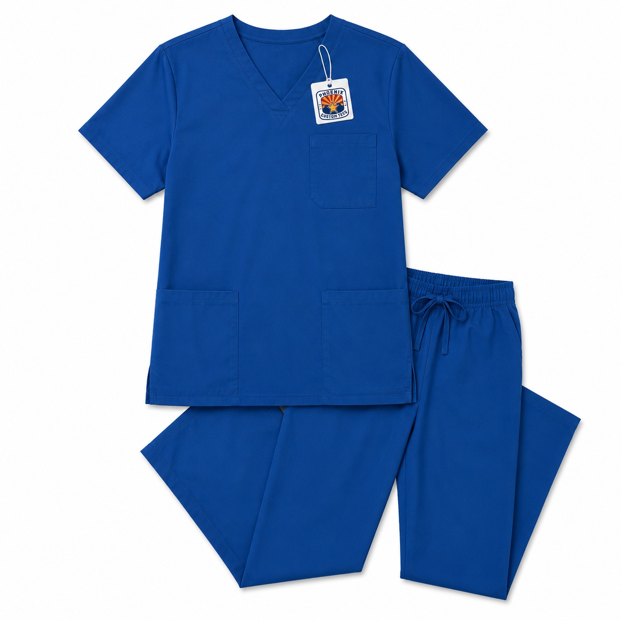 Blue medical scrub top and pants on a white background ready for custom embroidery