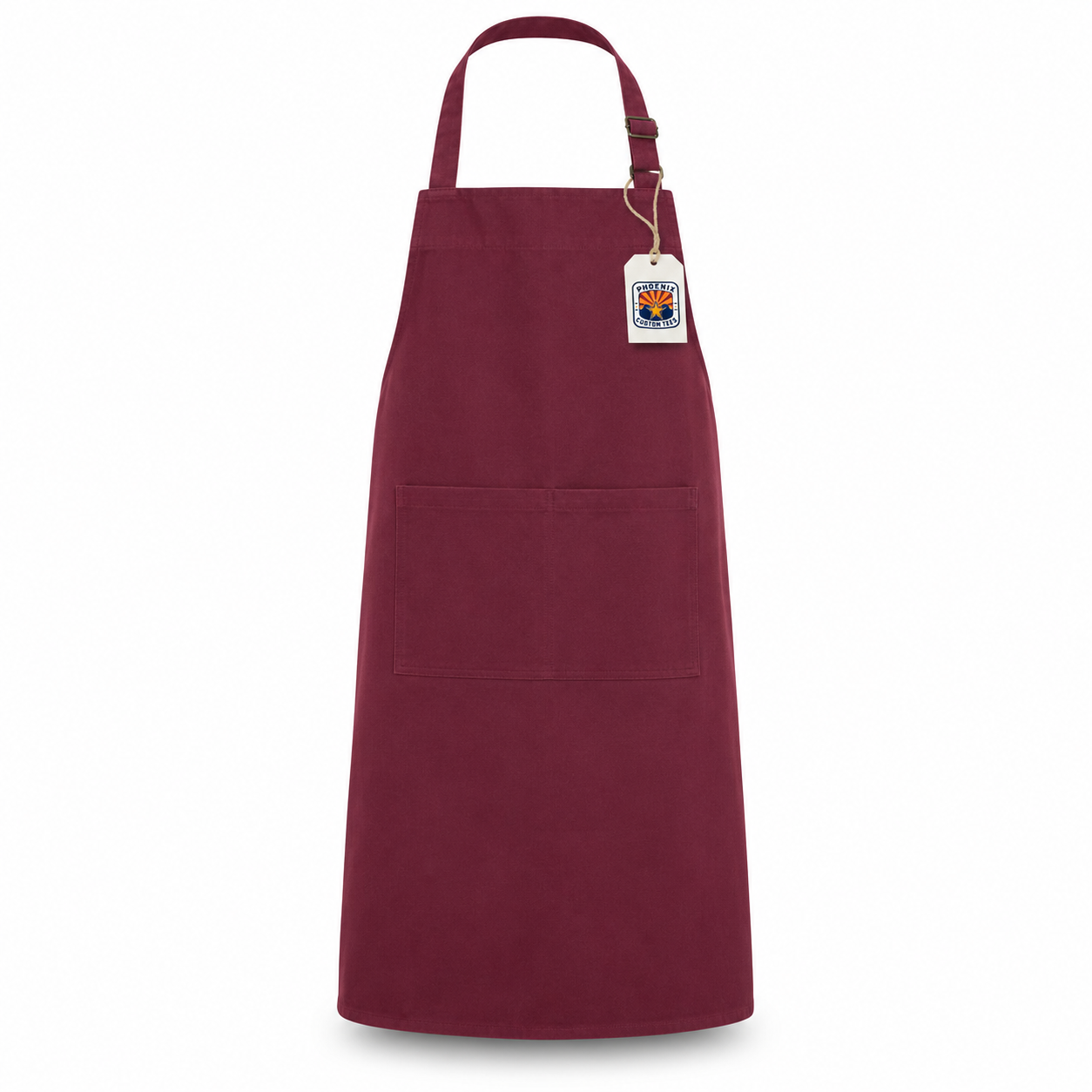 Burgundy Custom Apron Phoenix Custom Tees Burgundy apron with front pocket on a white background with a Phoenix Custom Tees product tag<br />