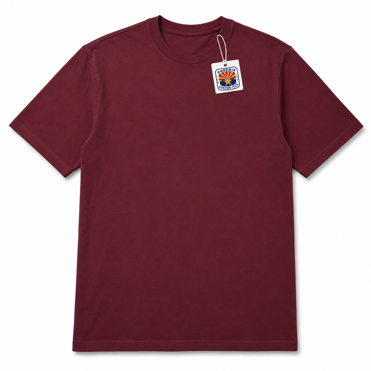 Burgundy Custom T-Shirt Phoenix Custom Tees Burgundy crew neck T-shirt on a white background with a Phoenix Custom Tees product tag<br />