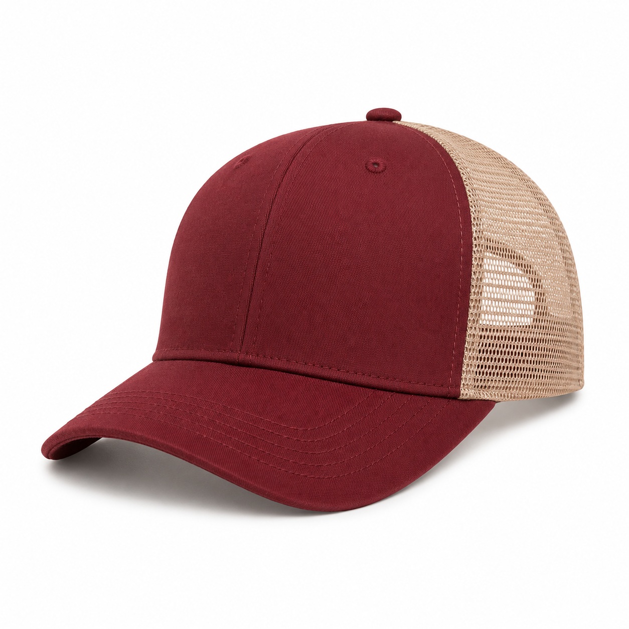 Burgundy and tan mesh trucker cap on a white background ready for custom embroidery
