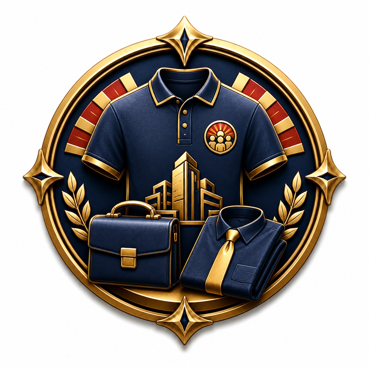 Gold and navy corporate apparel emblem with polo shirt, briefcase and business symbols.