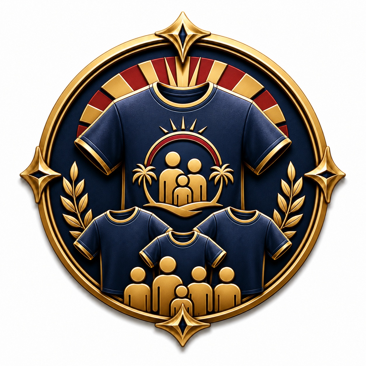 Gold and navy family reunion shirt emblem with matching shirts and family symbols.