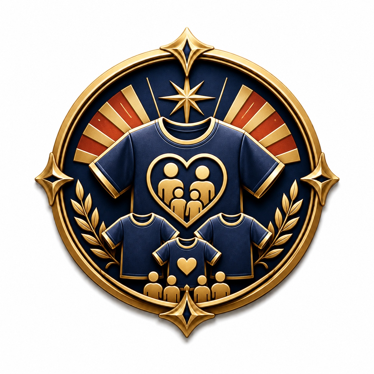Gold and navy custom T-shirt printing emblem with screen-printing equipment.