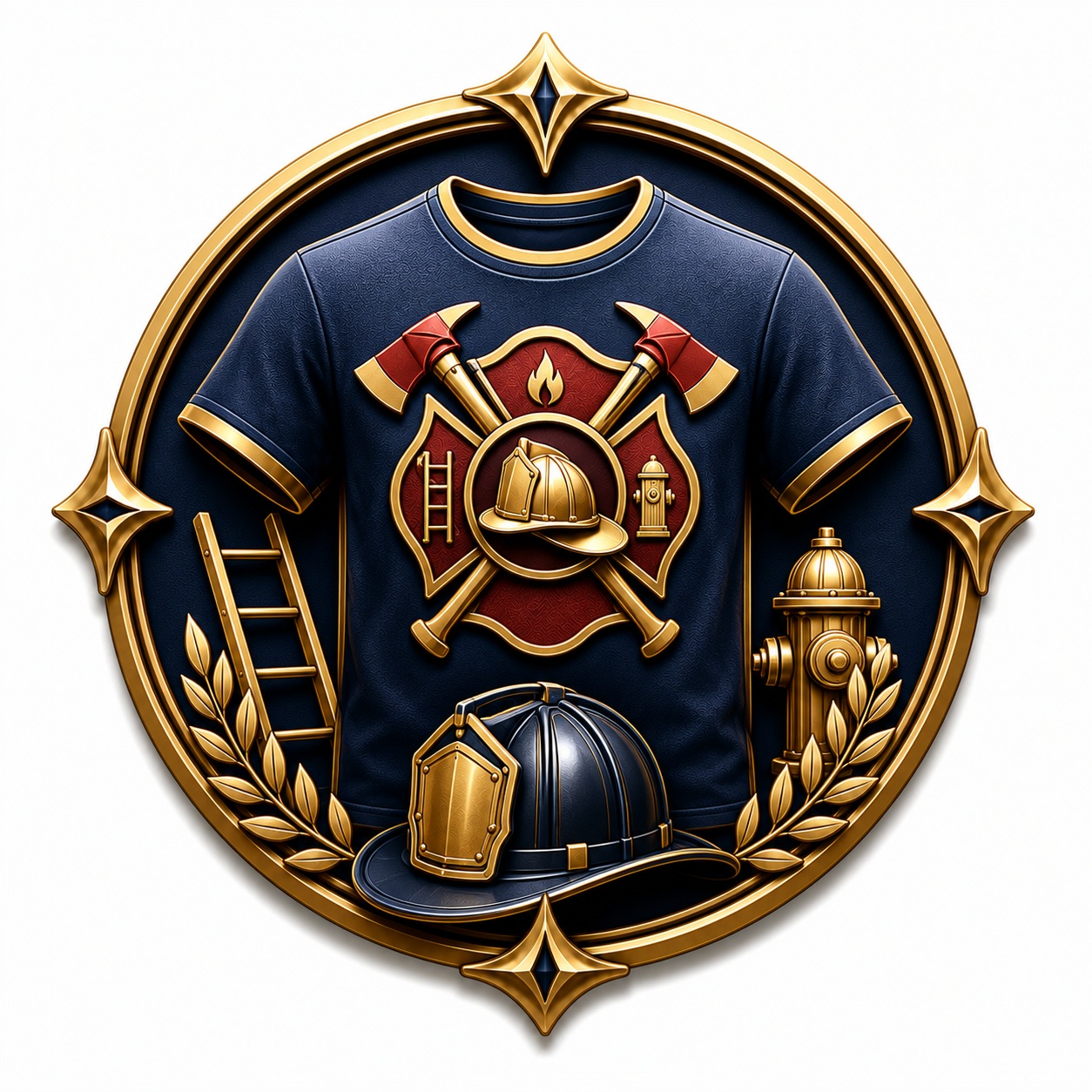 Gold and navy fire department apparel emblem with custom shirt, helmet, ladder and hydrant.