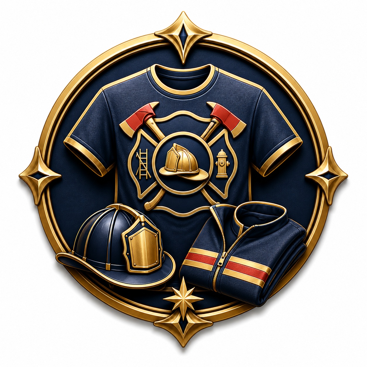 Gold and navy firefighter apparel emblem with custom shirt, helmet and fire department symbols.