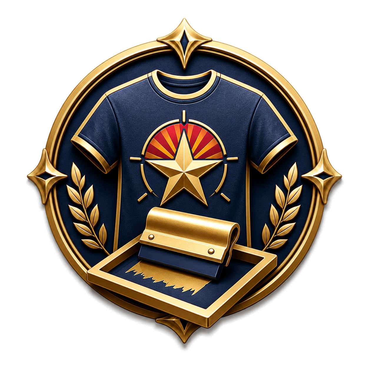 Gold and navy custom T-shirt printing emblem with screen-printing equipment.