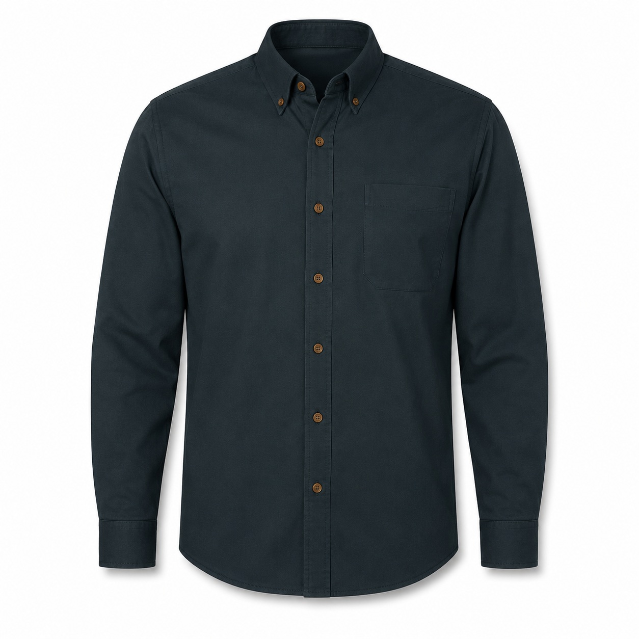 Dark long-sleeve button-down work shirt with chest pocket on a white background