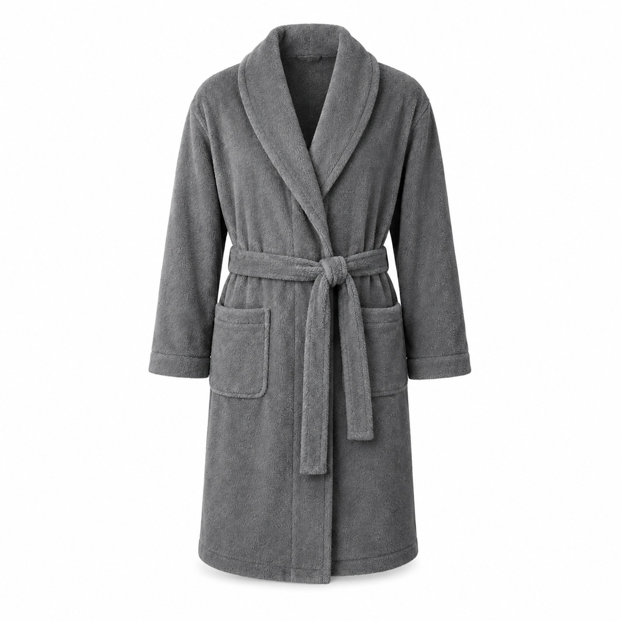 Gray plush bathrobe with belt and pockets on a white background ready for custom embroidery