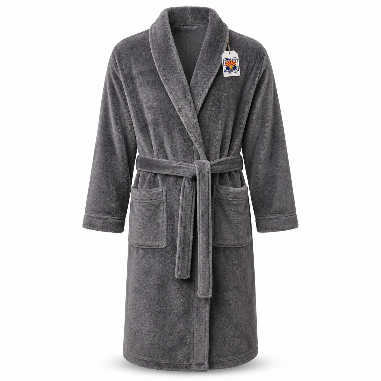 Gray Plush Bathrobe Phoenix Custom Tees Gray plush bathrobe with belt and pockets on a white background with a Phoenix Custom Tees product tag