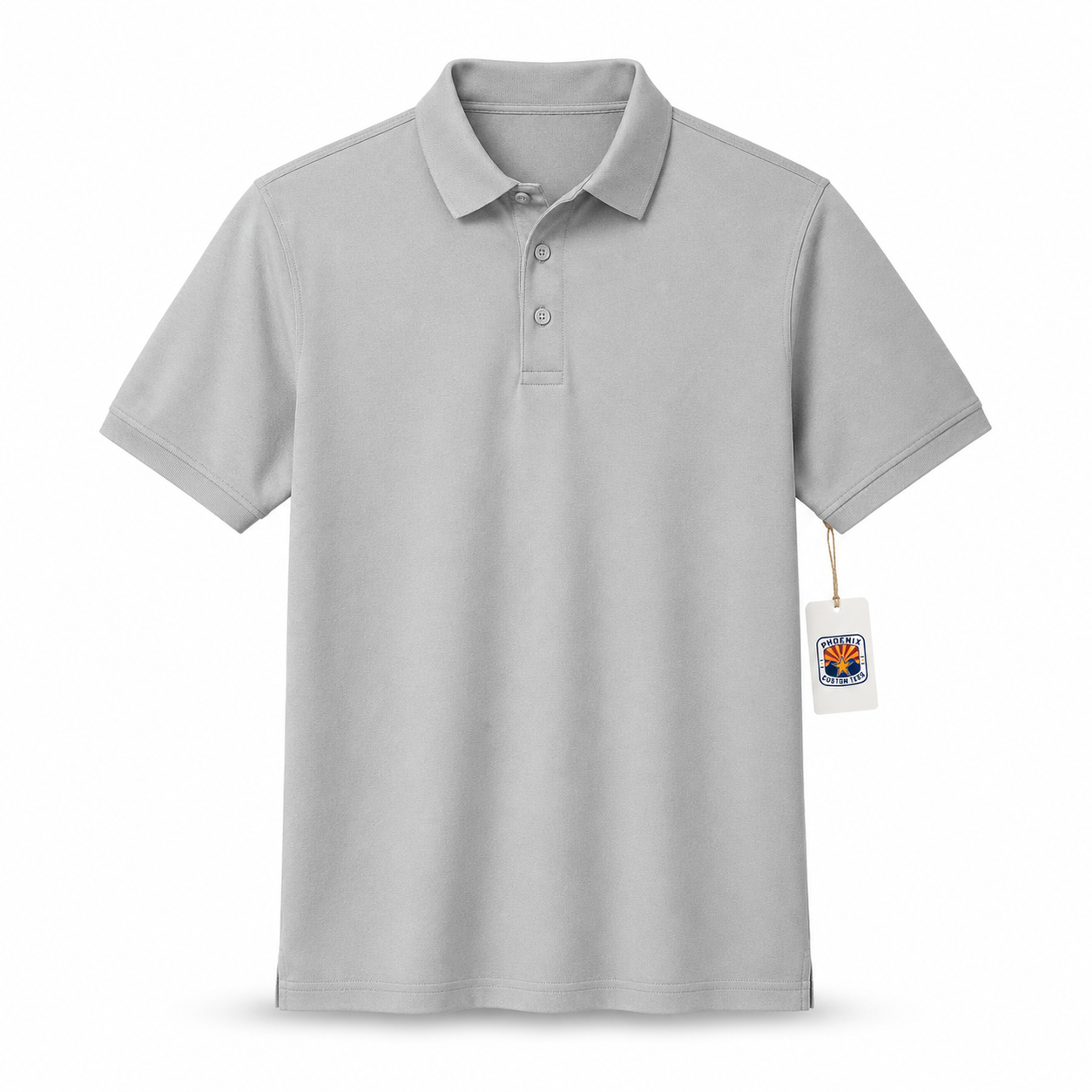 Light Gray Custom Polo Shirt Phoenix Custom Tees Light gray polo shirt on a white background with a Phoenix Custom Tees product tag