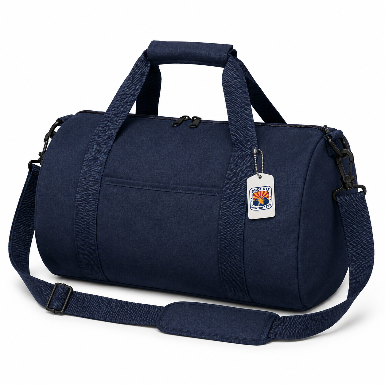 Navy Custom Duffel Bag Phoenix Custom Tees Navy duffel bag with shoulder strap on a white background with a Phoenix Custom Tees product tag