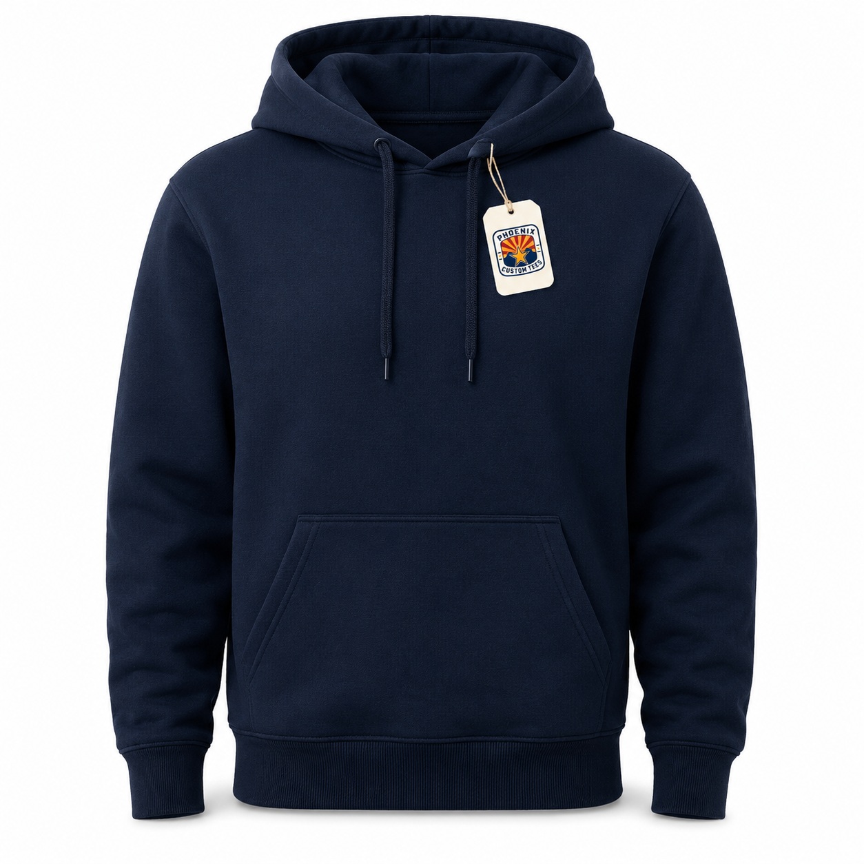Navy Custom Hoodie Phoenix Custom Tees Navy pullover hoodie on a white background with a Phoenix Custom Tees product tag