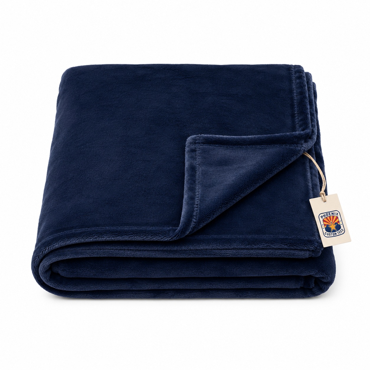 Navy Custom Towel Phoenix Custom Tees Folded navy plush blanket on a white background with a Phoenix Custom Tees product tag