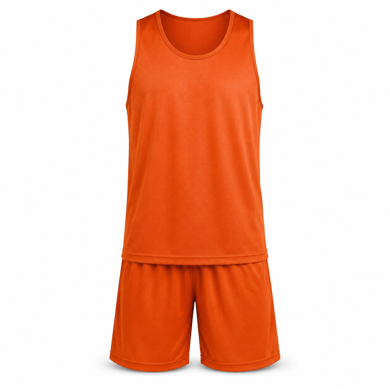 Orange sleeveless athletic jersey and matching shorts on a white background