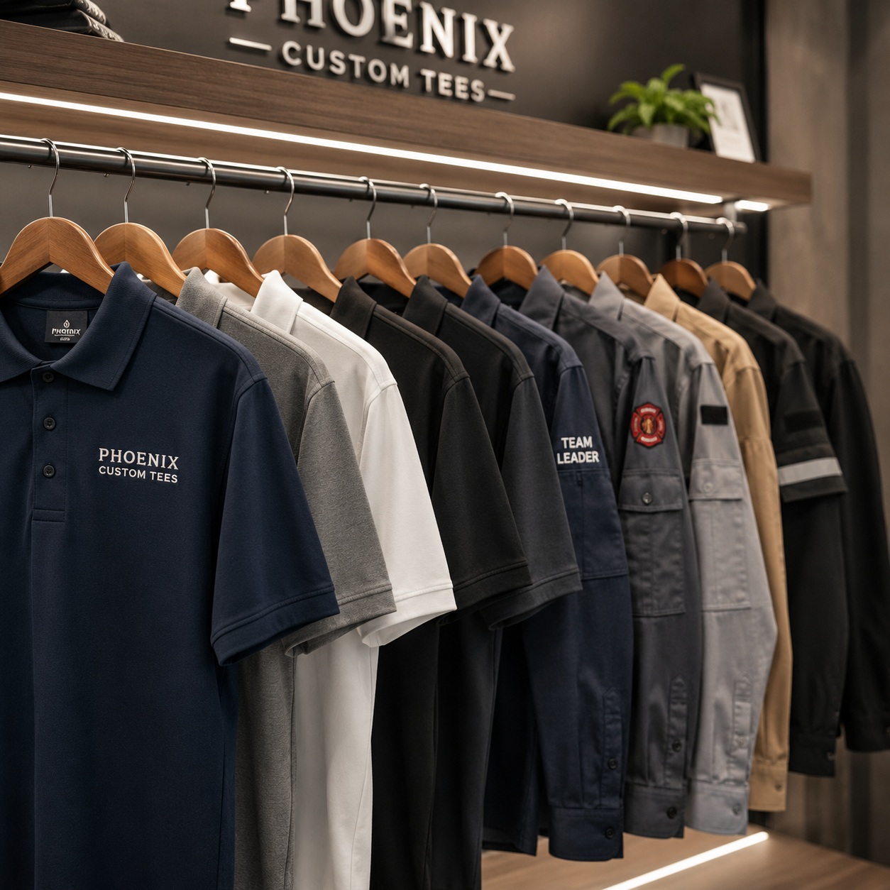 Phoenix Custom Tees showroom display with polos, work shirts, and custom apparel on hangers.