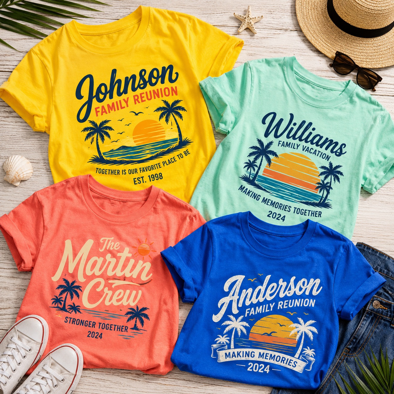 Colorful family reunion custom T-shirts displayed with vacation and reunion designs.