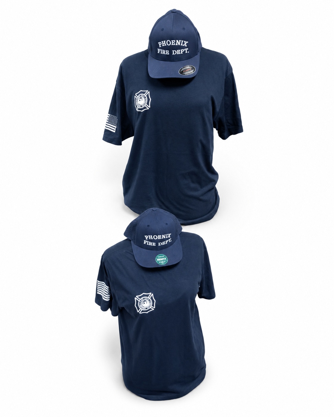 Phoenix Fire Department apparel display with shirts and hats