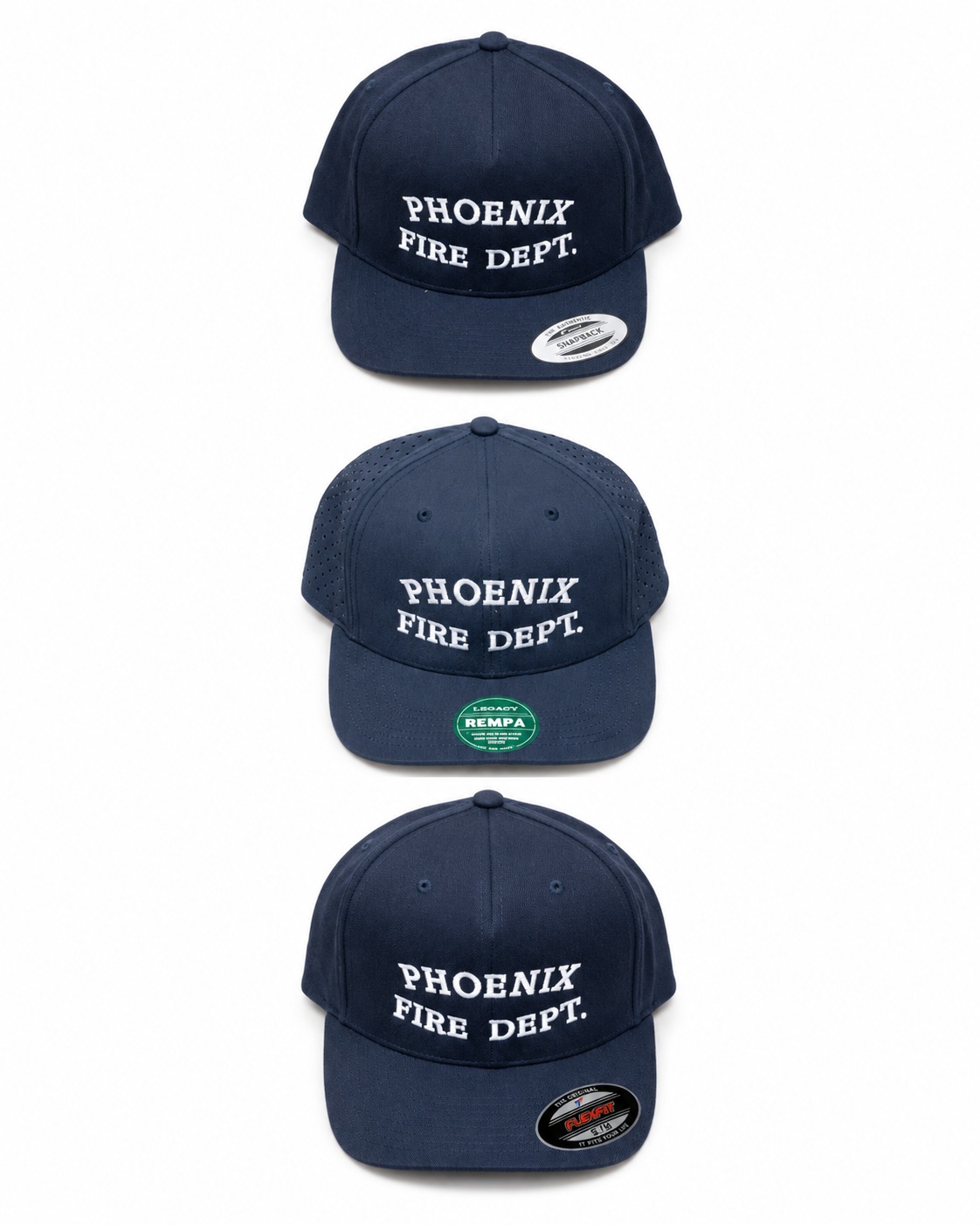 Multiple Phoenix Fire Department embroidered caps in a product display