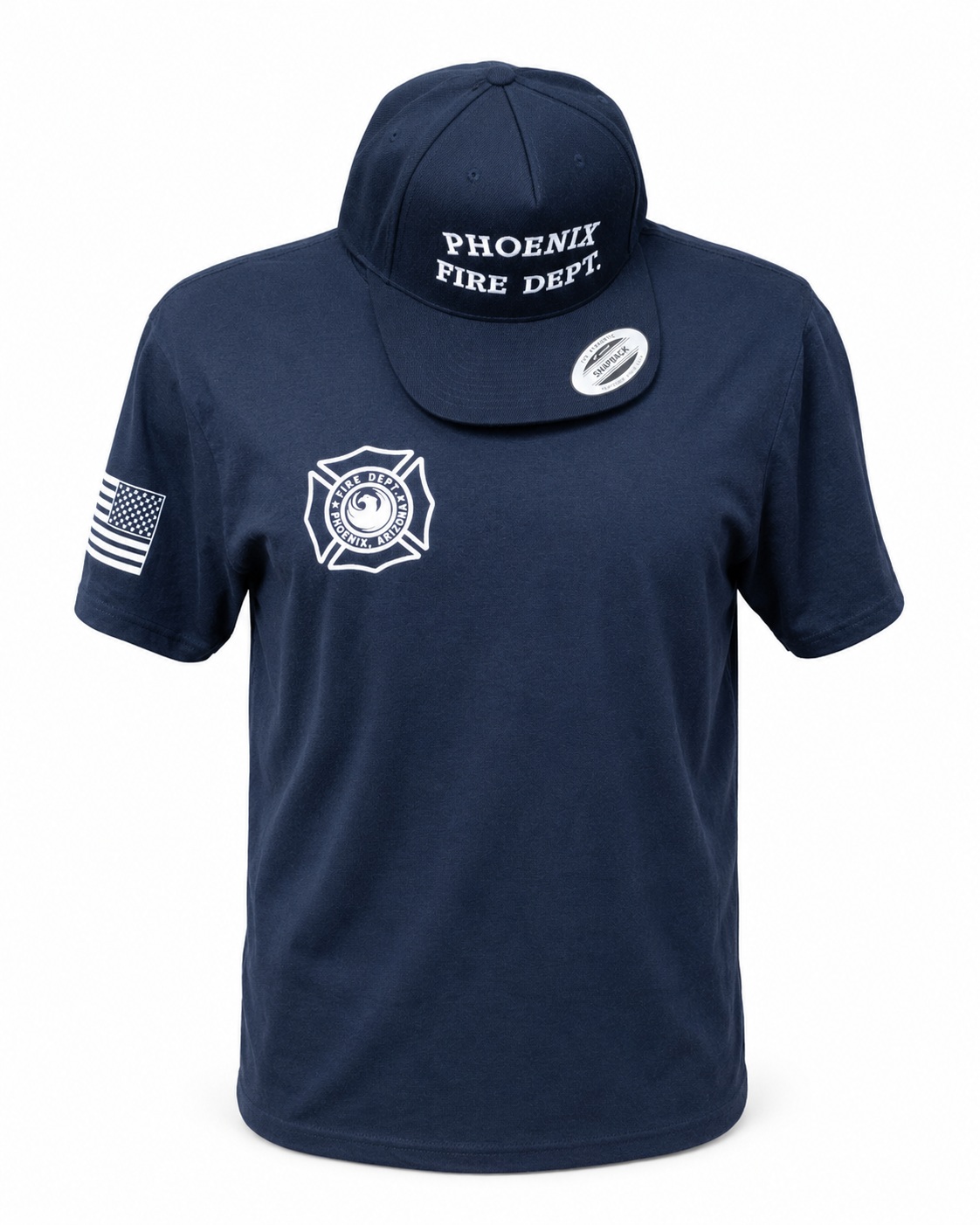 Phoenix Fire Department navy shirt and cap set on white background
