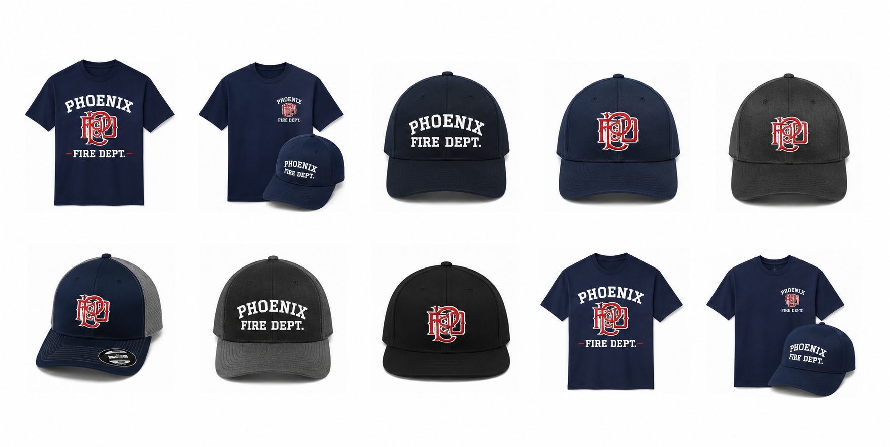 Collection of Phoenix Fire Department navy shirts and embroidered hats by Phoenix Custom Tees