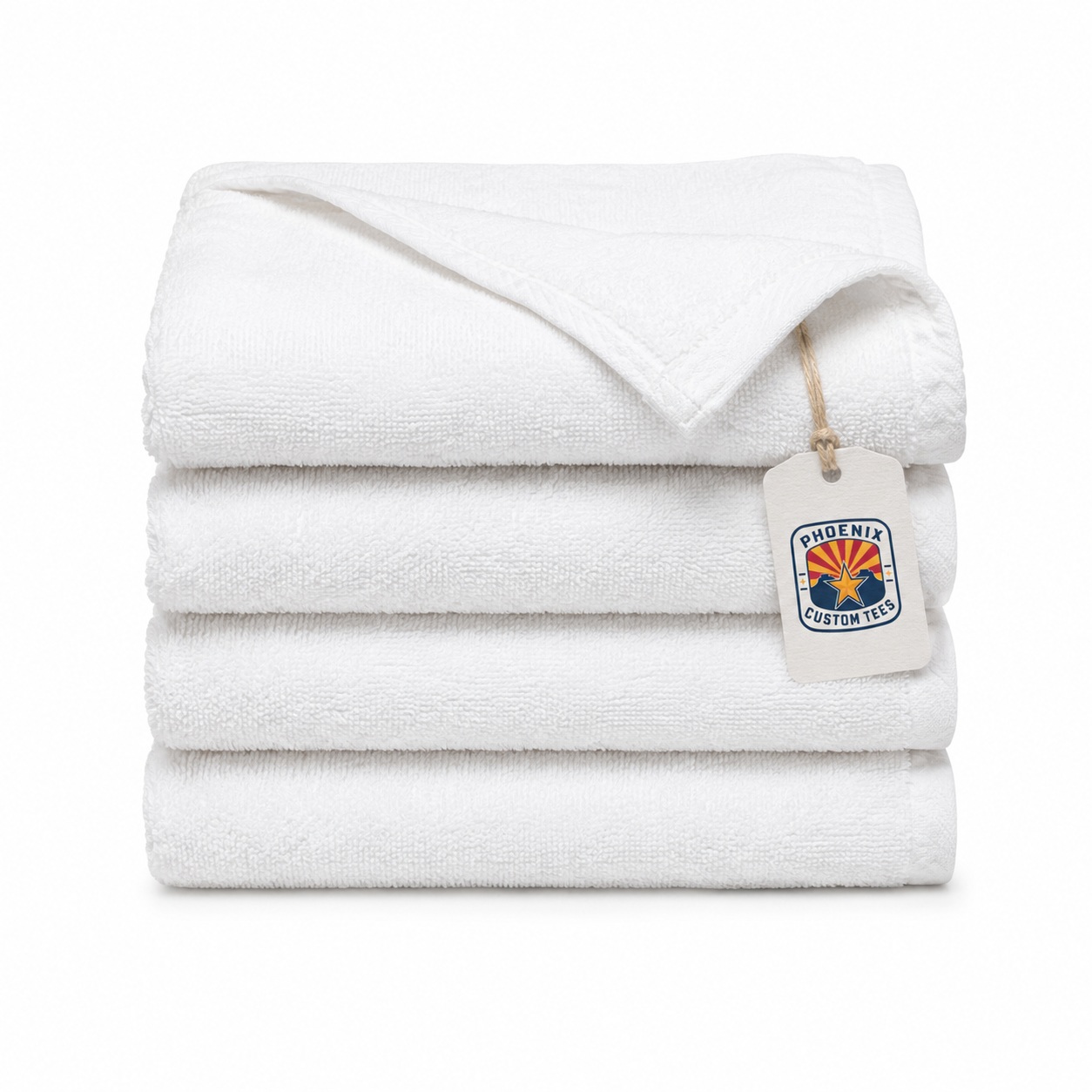 White Custom Towels Phoenix Custom Tees Stack of white towels on a white background with a Phoenix Custom Tees product tag